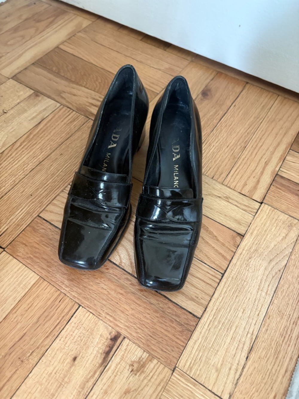 Prada Black Patent Leather Square-Toe Penny Loafers